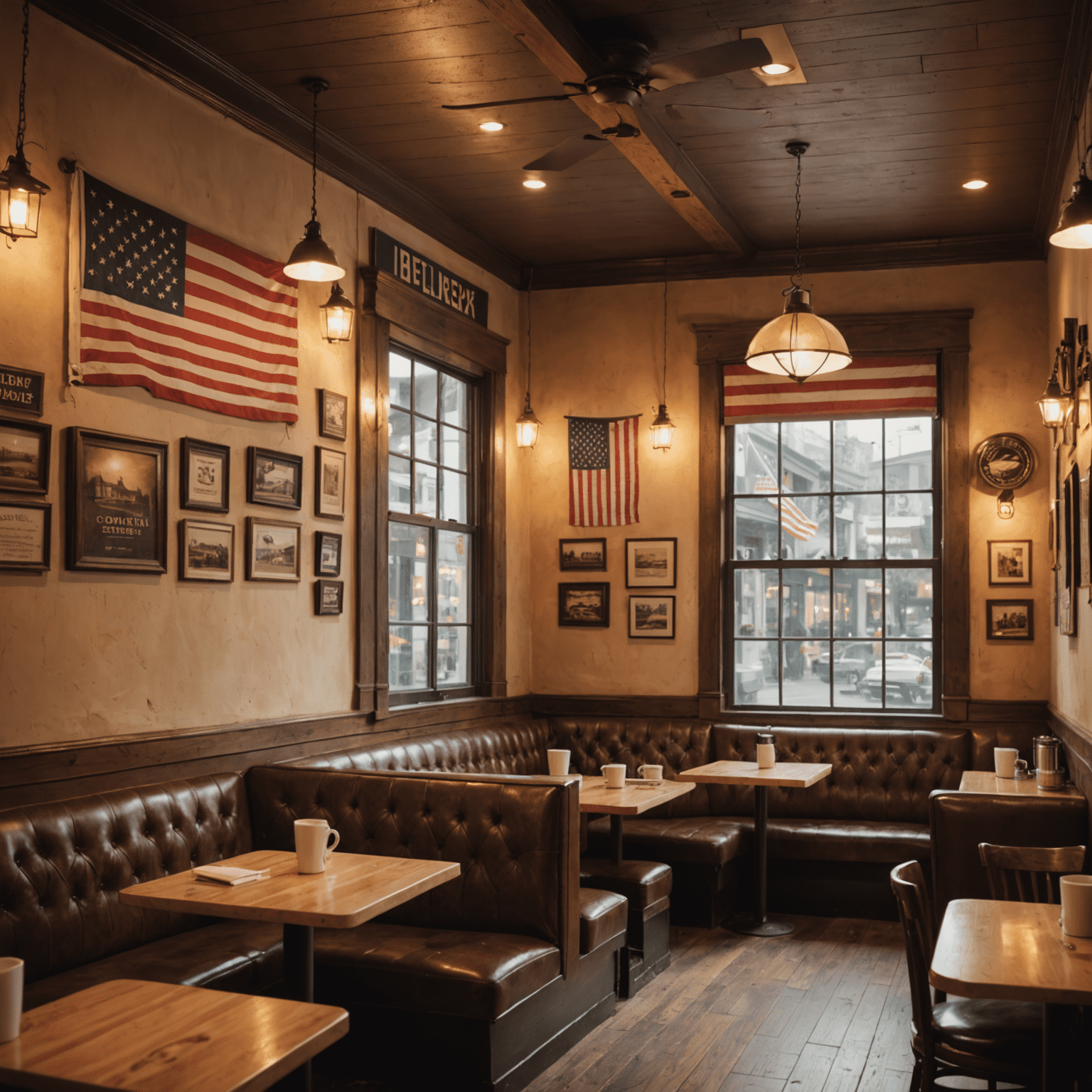 A cozy café interior with warm lighting, comfortable seating, and American flag decor, capturing the essence of an authentic US atmosphere