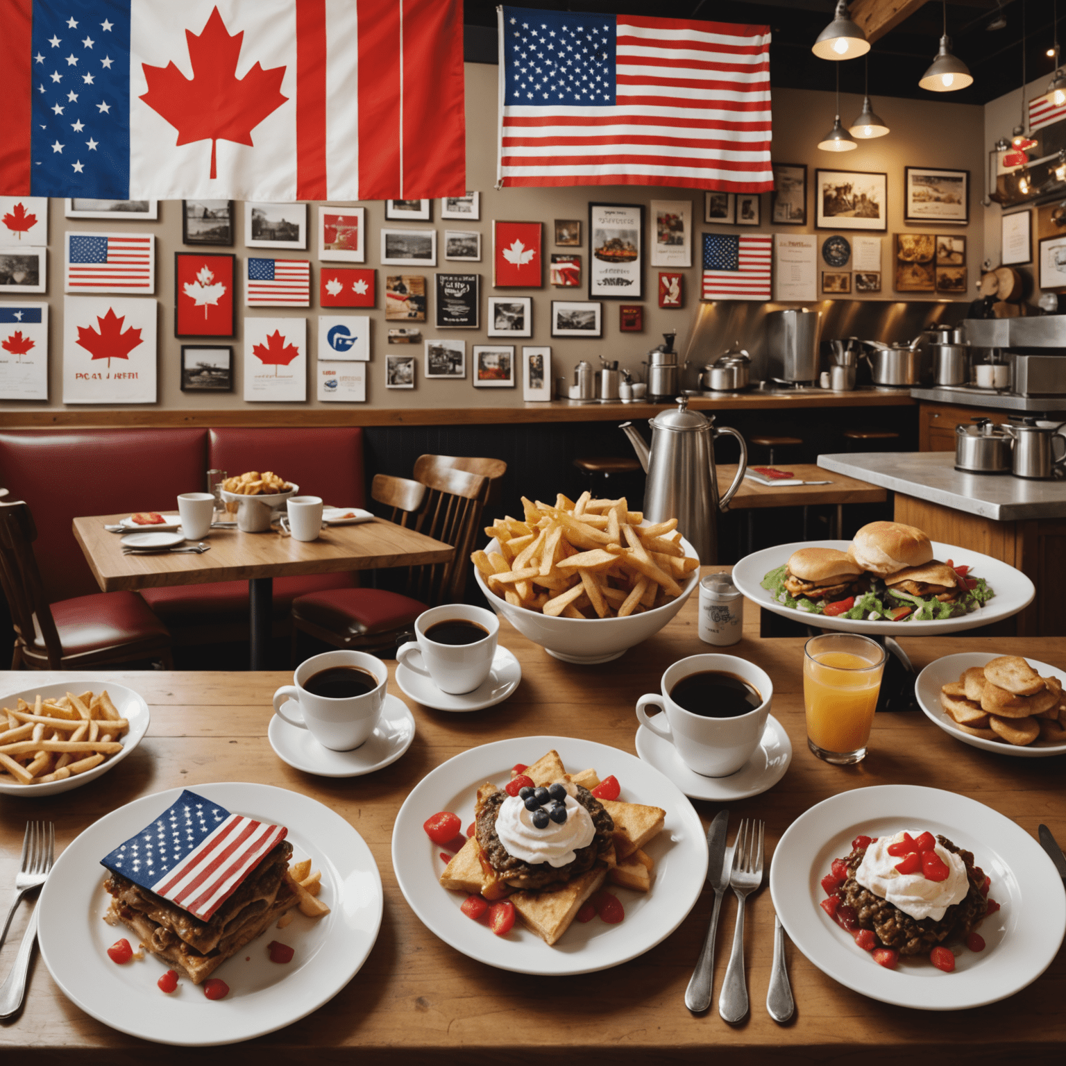 A collage showing Canadian and American flags, cafe interior, and various American dishes