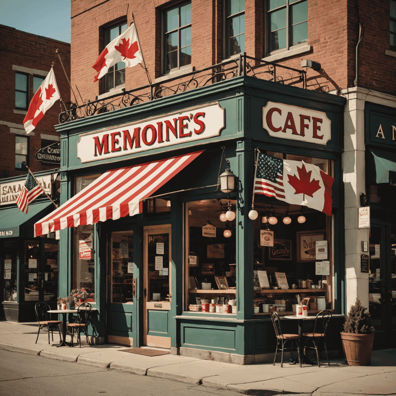 A vintage-style image of Memones Cafe storefront with Canadian and American flags, showcasing the journey from Canada to bringing American flavors