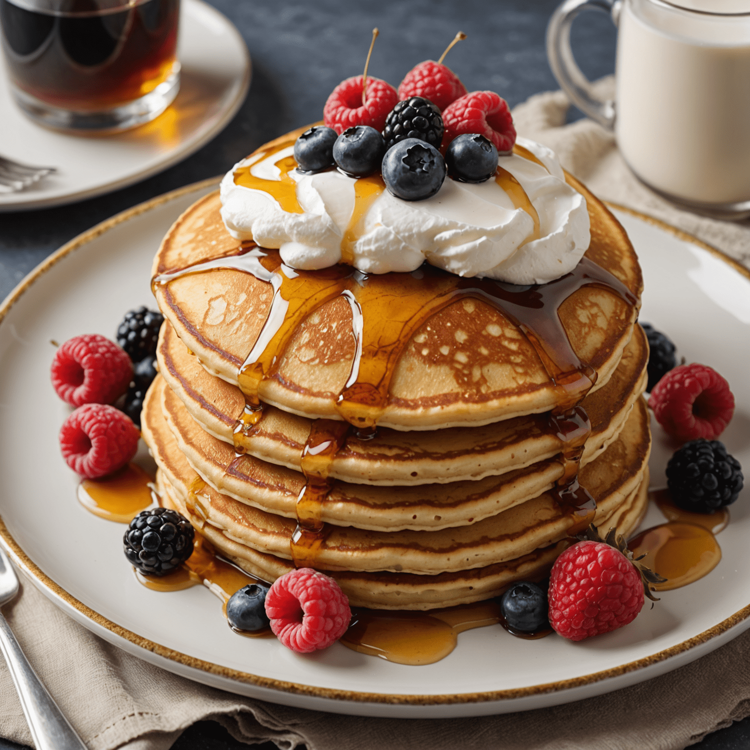 A stack of fluffy buttermilk pancakes drizzled with maple syrup and topped with fresh berries and a dollop of whipped cream. The pancakes have a golden-brown color and are served on a vintage-style plate.