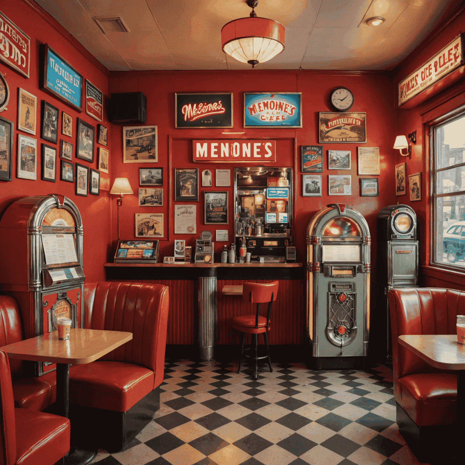 Interior of Memones cafe, showcasing American-style decor with vintage posters, red leather booths, and a jukebox in the corner