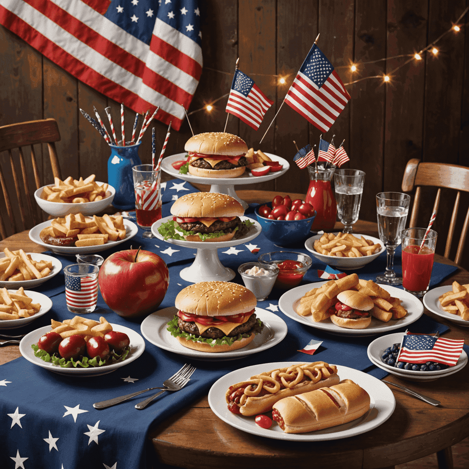 A festive table set with red, white, and blue decorations, featuring classic American dishes like burgers, hot dogs, and apple pie, with sparklers and small American flags as centerpieces