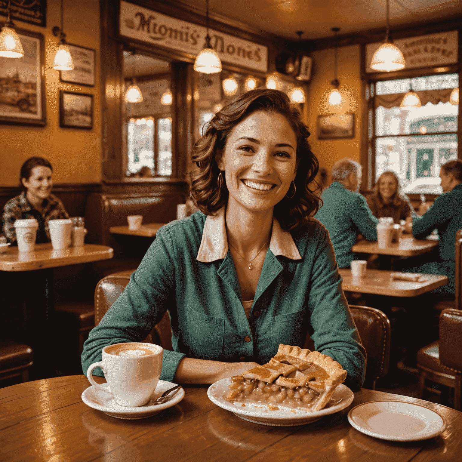 A smiling customer enjoying a slice of apple pie and coffee in a cozy booth at Memones Cafe. The background shows vintage American decor and a bustling, friendly atmosphere.