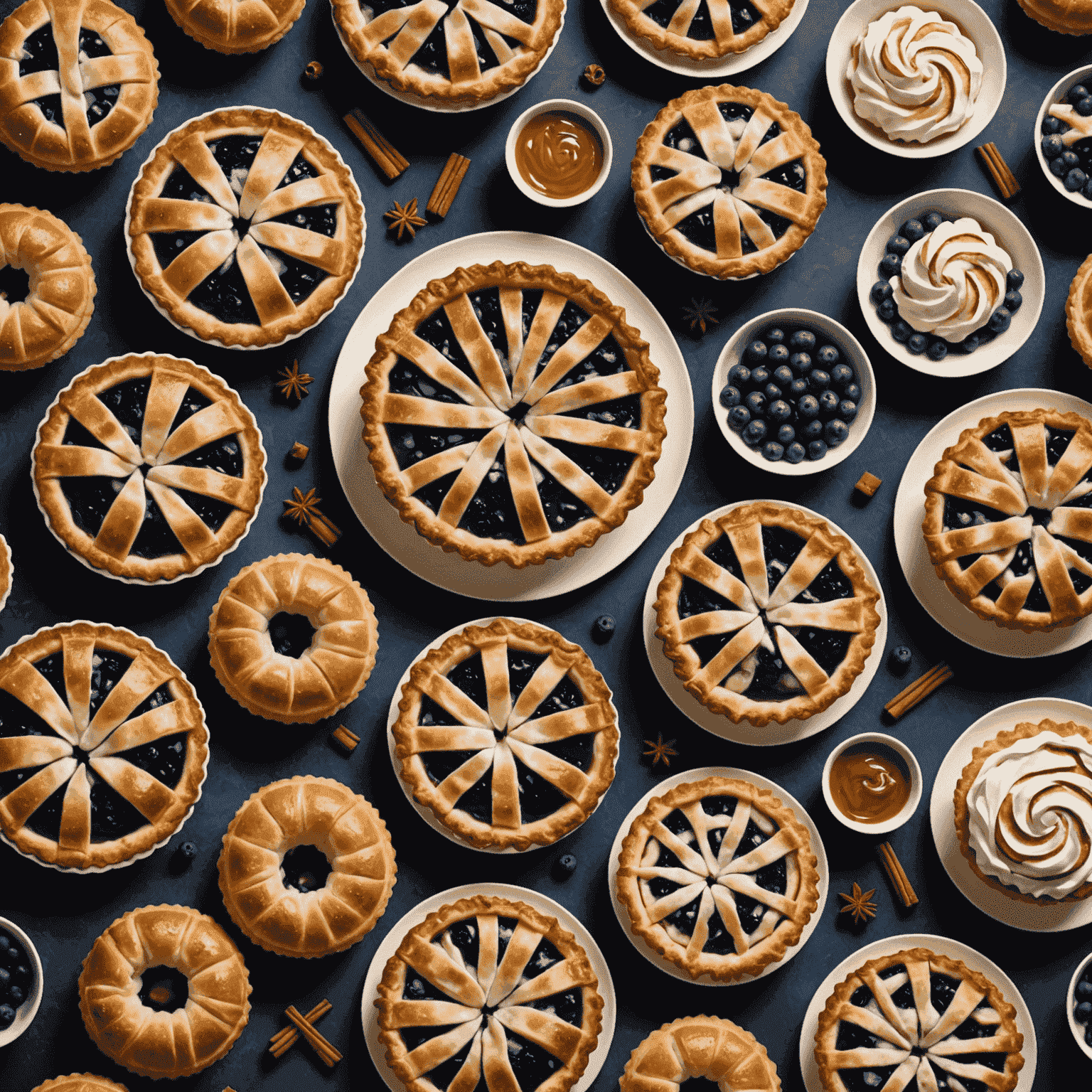 A display of various American pastries including apple pie, cinnamon rolls, and blueberry muffins