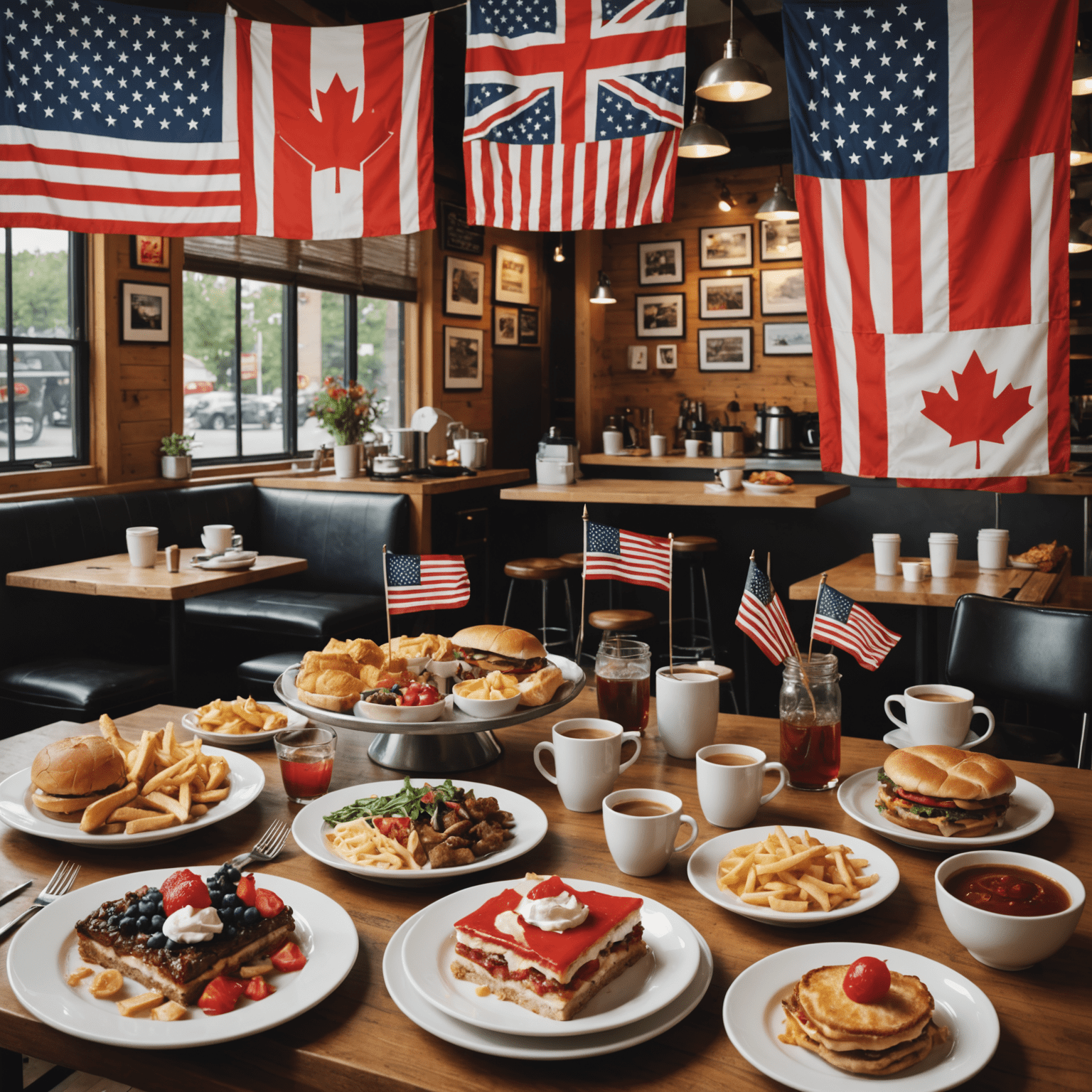 A collage showing Canadian and American flags, cafe interior, and various American dishes