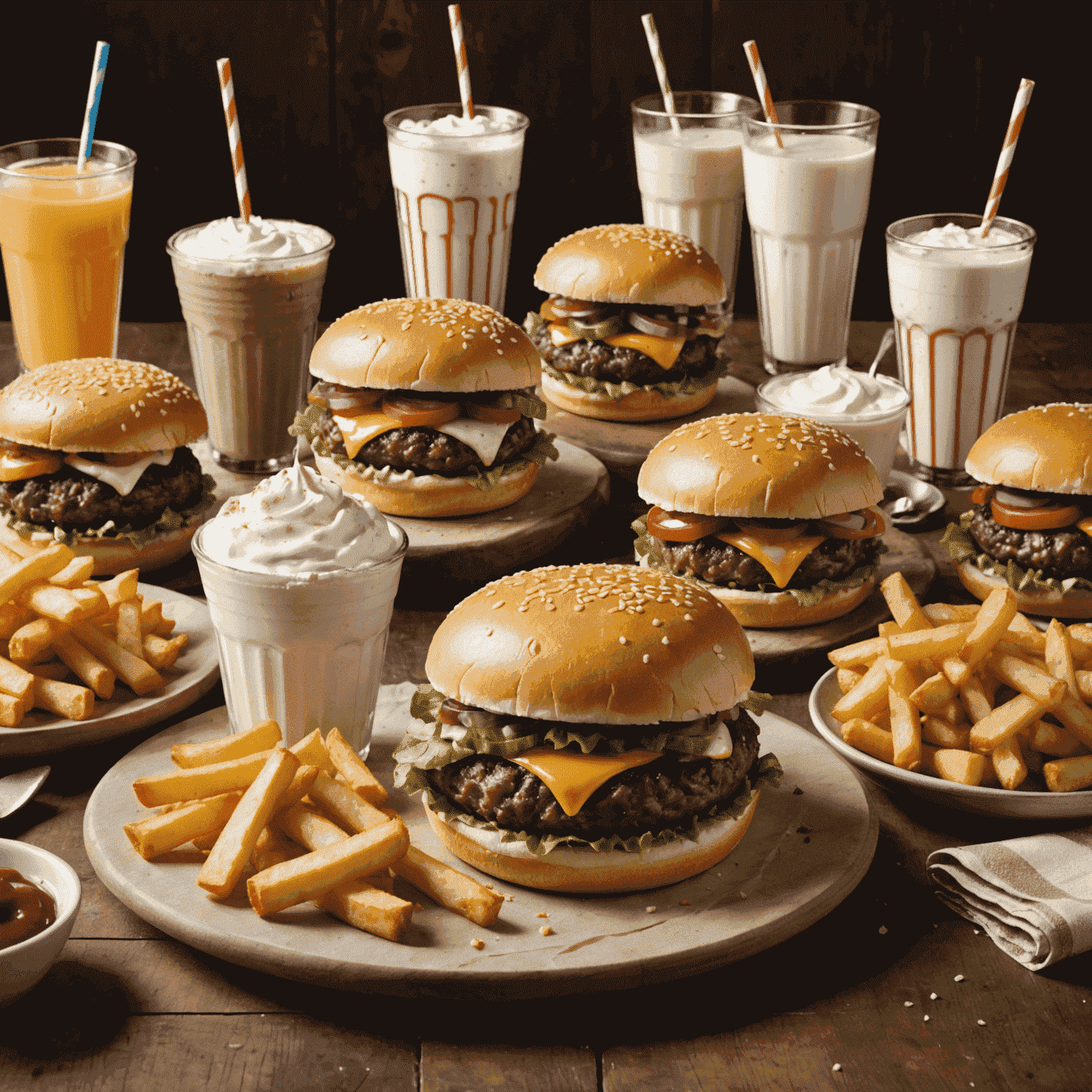 A mouthwatering display of classic American dishes with unique twists, showcasing burgers, pies, and milkshakes