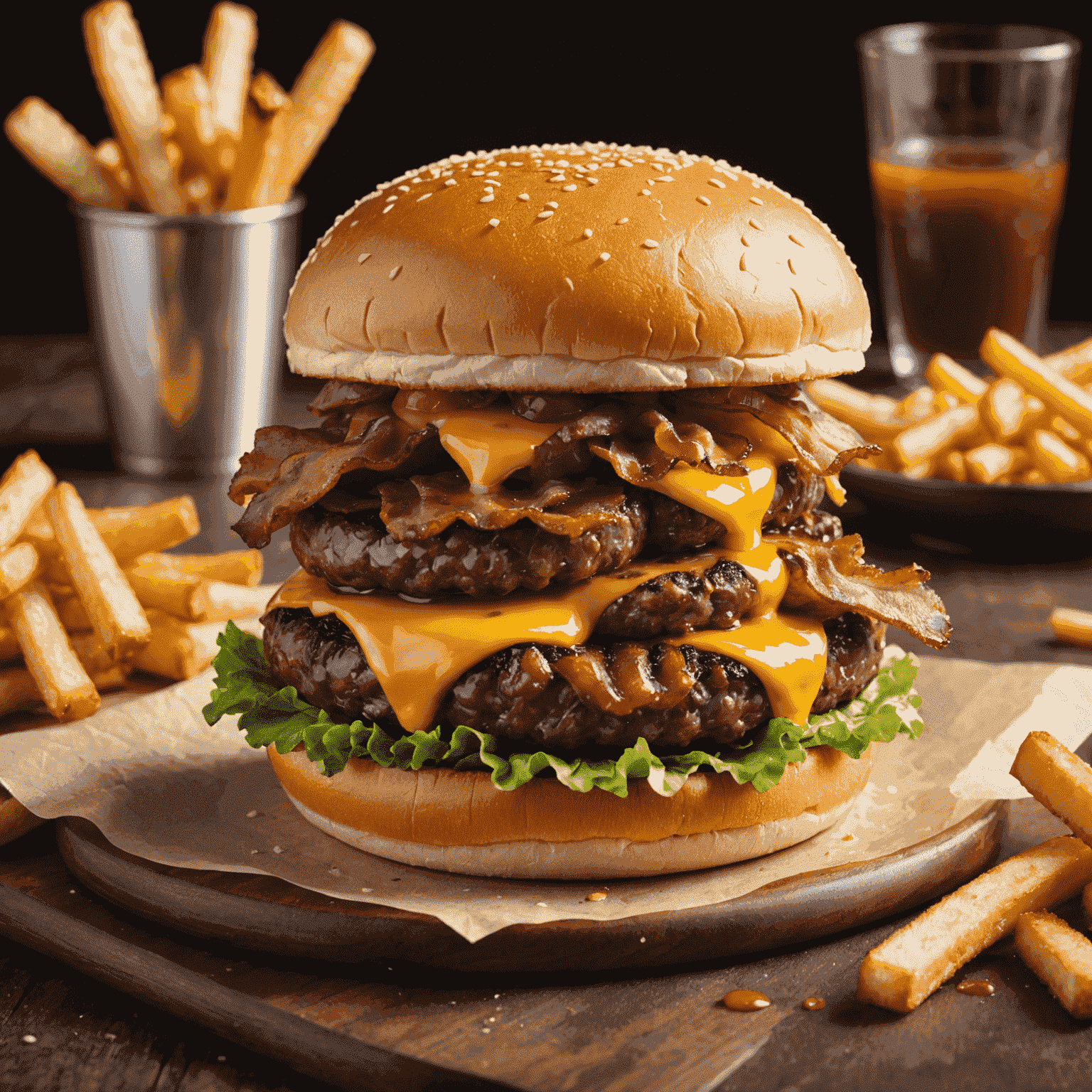 A juicy cheeseburger with melted cheddar, crispy bacon, lettuce, tomato, and a special sauce, served on a brioche bun. The burger is cut in half to show the perfectly cooked patty inside. It's accompanied by a side of golden, crispy fries.