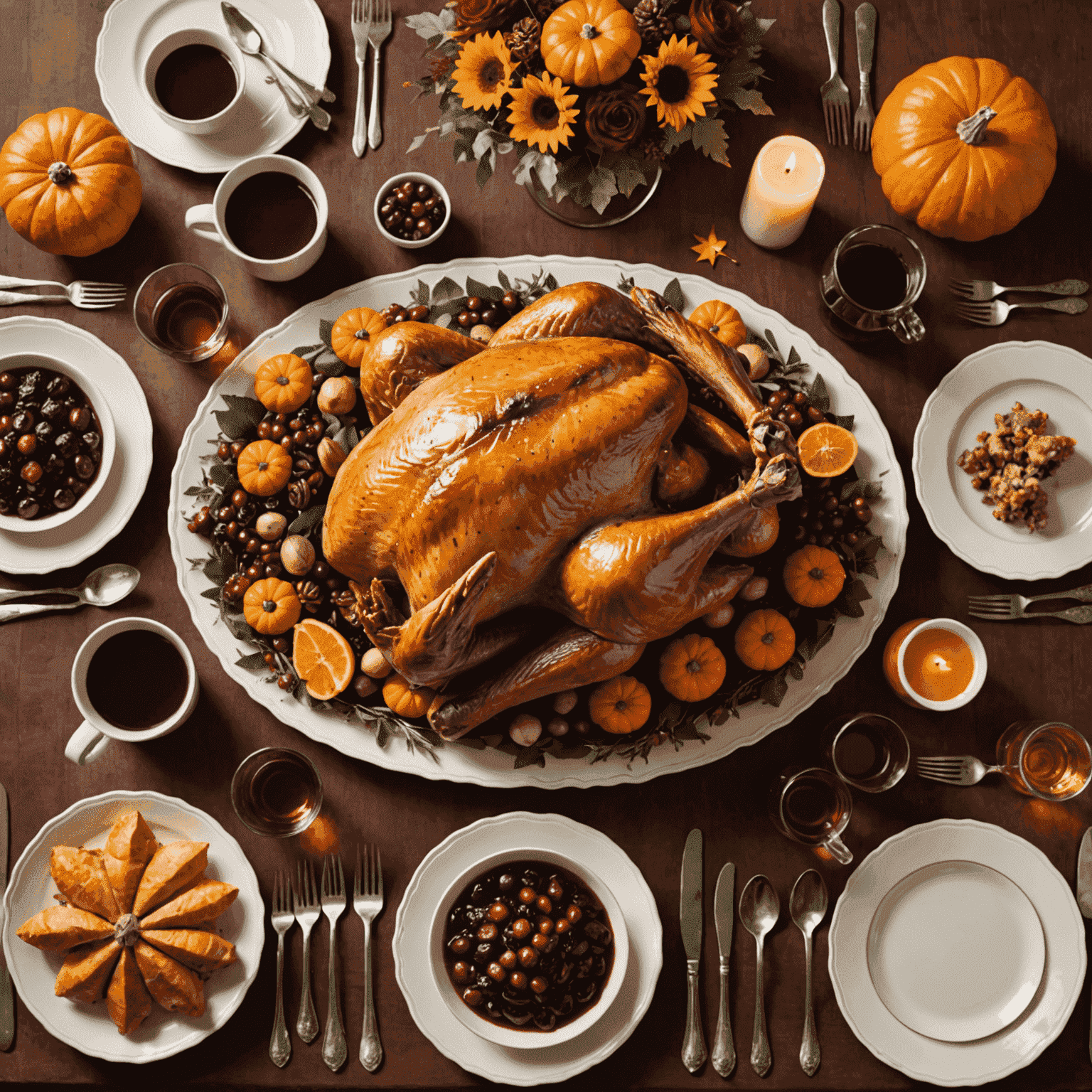 A warm, inviting table setting with a golden roast turkey as the centerpiece, surrounded by traditional Thanksgiving sides like cranberry sauce, stuffing, and pumpkin pie