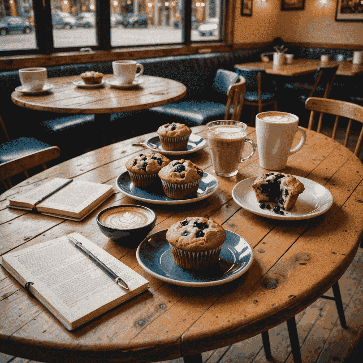 A student sitting at a rustic wooden table, surrounded by books and a laptop. A plate of half-eaten blueberry muffins and a large latte sit nearby. The cafe's warm lighting and vintage decor are visible in the background.