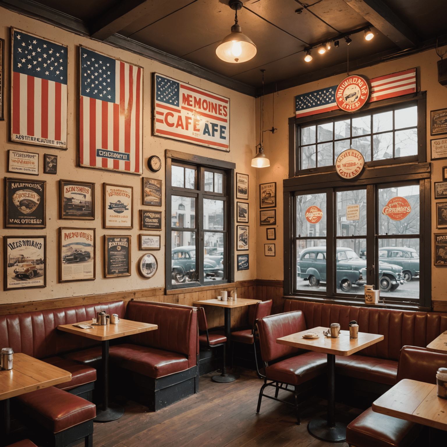 Interior of Memones Cafe showcasing American-themed decor, vintage posters, and cozy seating arrangements