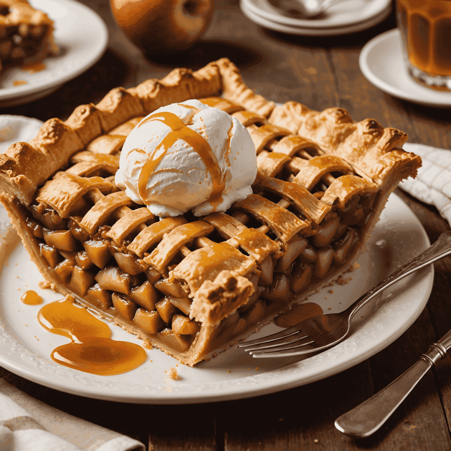 A slice of apple pie with a lattice crust, served warm with a scoop of vanilla ice cream melting on top. The pie crust is golden brown and flaky, with visible cinnamon and sugar sprinkled on top.