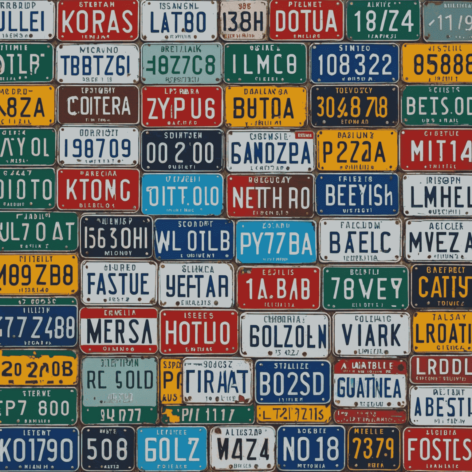 A wall of American license plates from various states creating a colorful mosaic