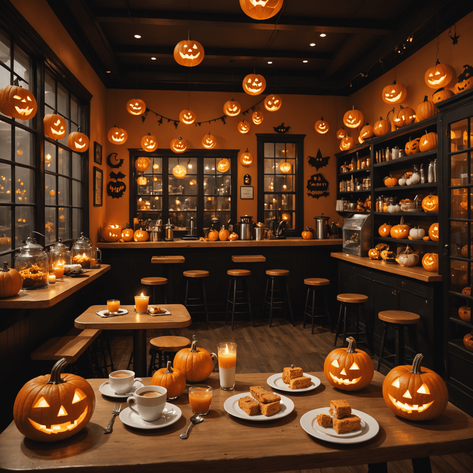 A dimly lit cafe interior decorated with jack-o'-lanterns, fake cobwebs, and Halloween-themed treats like ghost-shaped cookies and pumpkin spice lattes