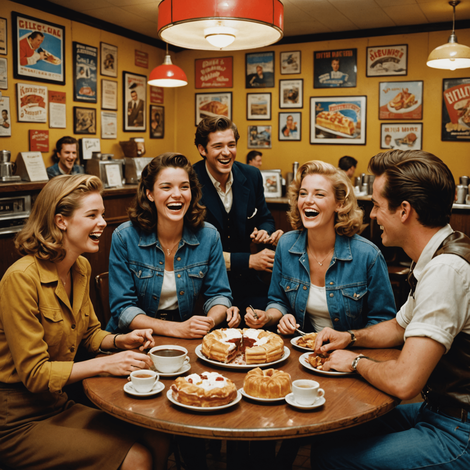 A group of friends laughing and enjoying various American pastries at a round table. The cafe's walls are adorned with vintage American posters and memorabilia. A jukebox is visible in the corner.