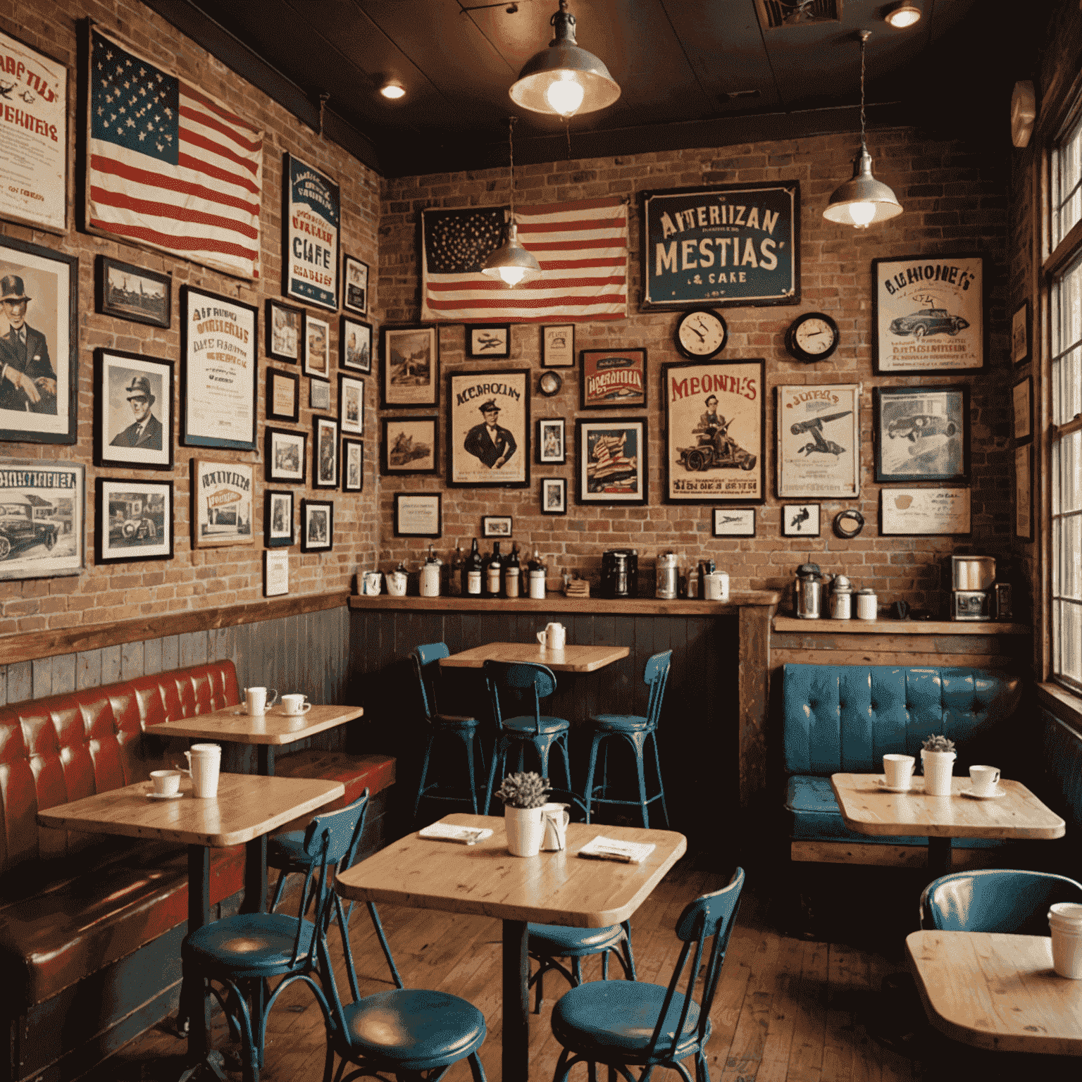 Interior of Memones Cafe showcasing American-themed decor, vintage posters, and cozy seating arrangements