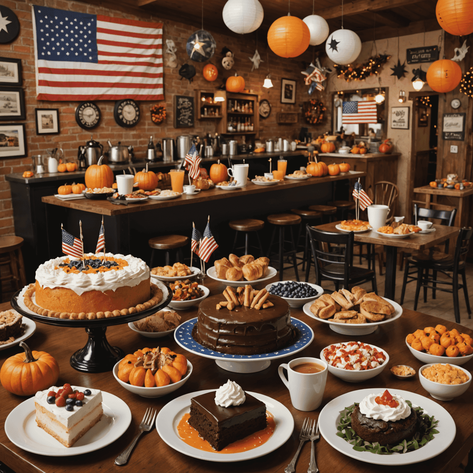 Collage of American holiday celebrations at Memones Cafe, featuring 4th of July, Thanksgiving, and Halloween decorations