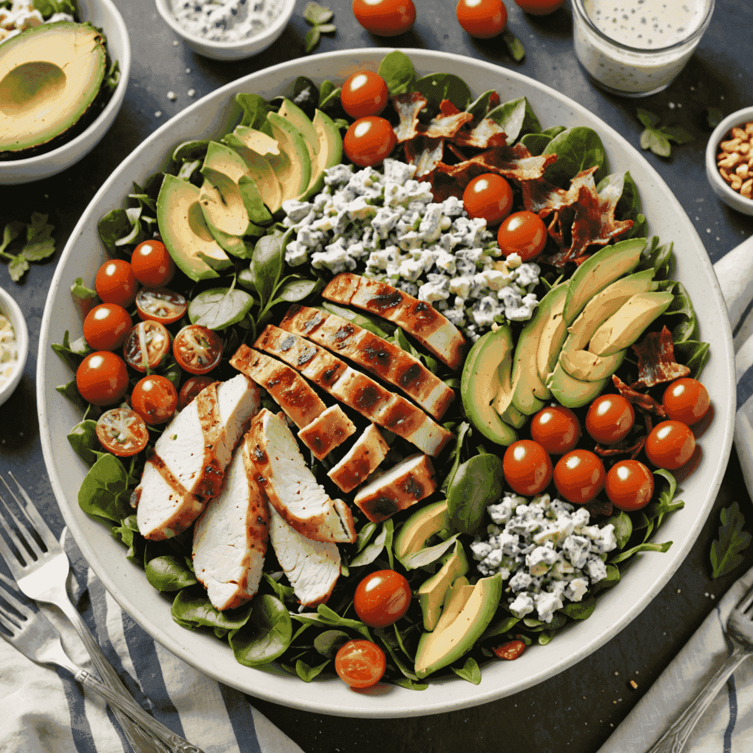 A large, colorful salad bowl filled with mixed greens, grilled chicken strips, avocado slices, cherry tomatoes, crumbled blue cheese, and crispy bacon bits. The salad is drizzled with a creamy ranch dressing and garnished with fresh herbs.