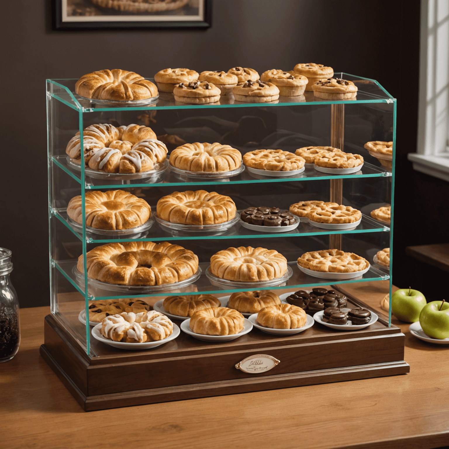 A display case filled with an assortment of American pastries including apple pie, cinnamon rolls, and chocolate chip cookies