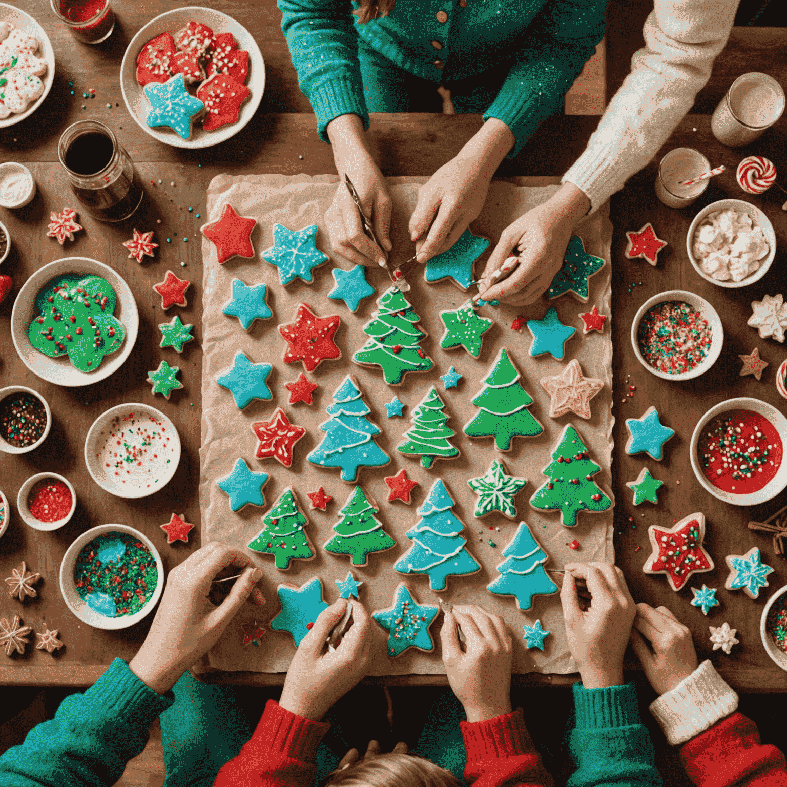 A festive scene of people decorating Christmas cookies, with colorful frosting, sprinkles, and holiday-themed cookie cutters spread across tables