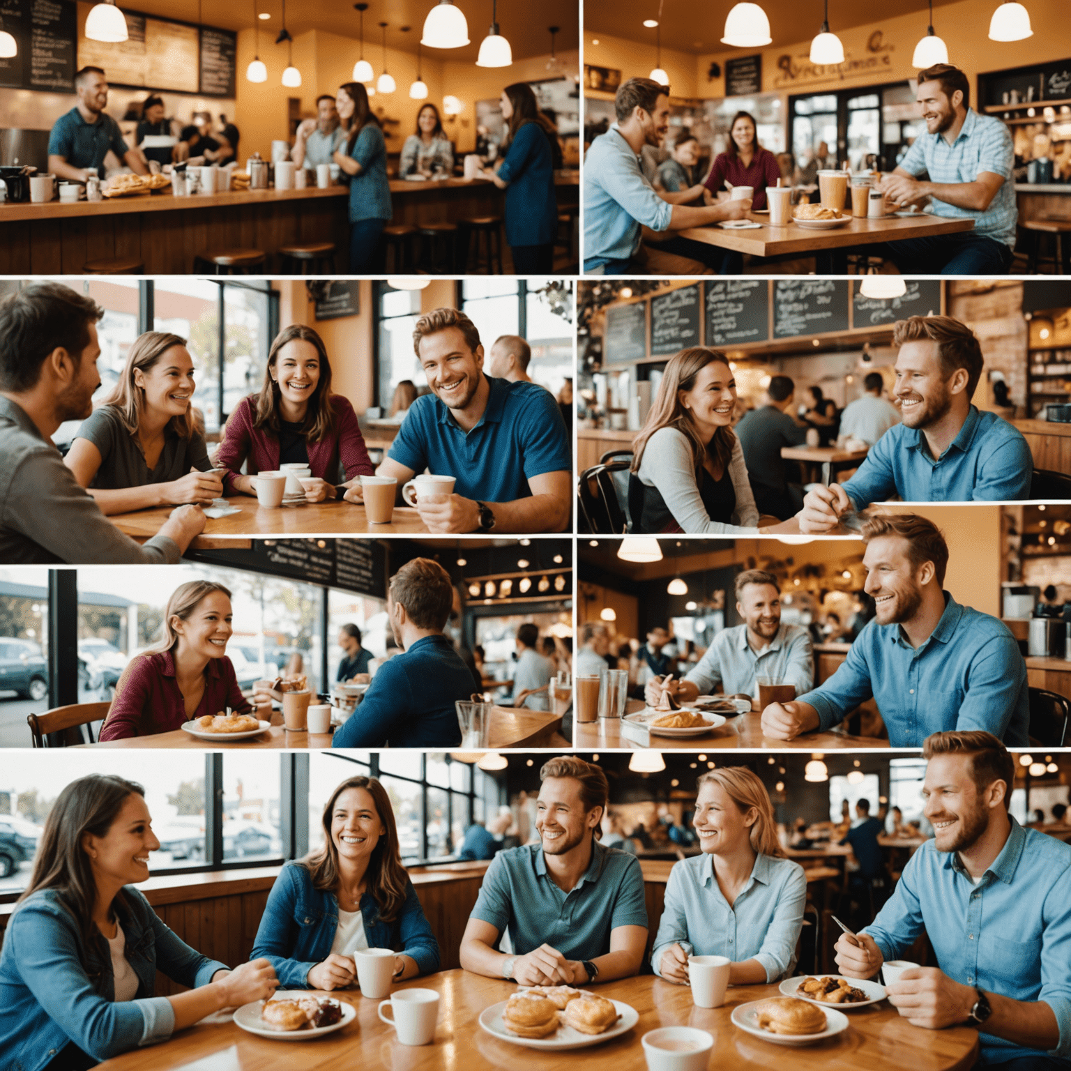 Montage of happy customers enjoying their time at Memones Cafe, featuring smiling faces, group photos, and people enjoying American pastries