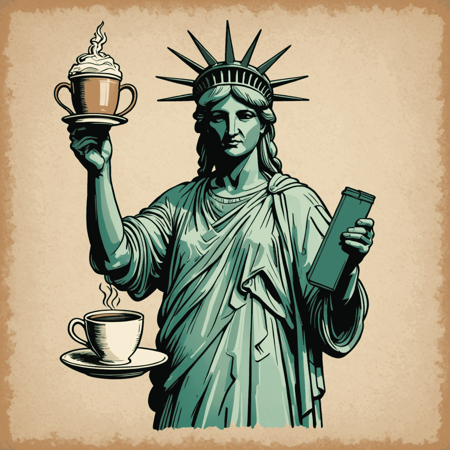 Decorative element: A hand-drawn illustration of the Statue of Liberty holding a cup of coffee