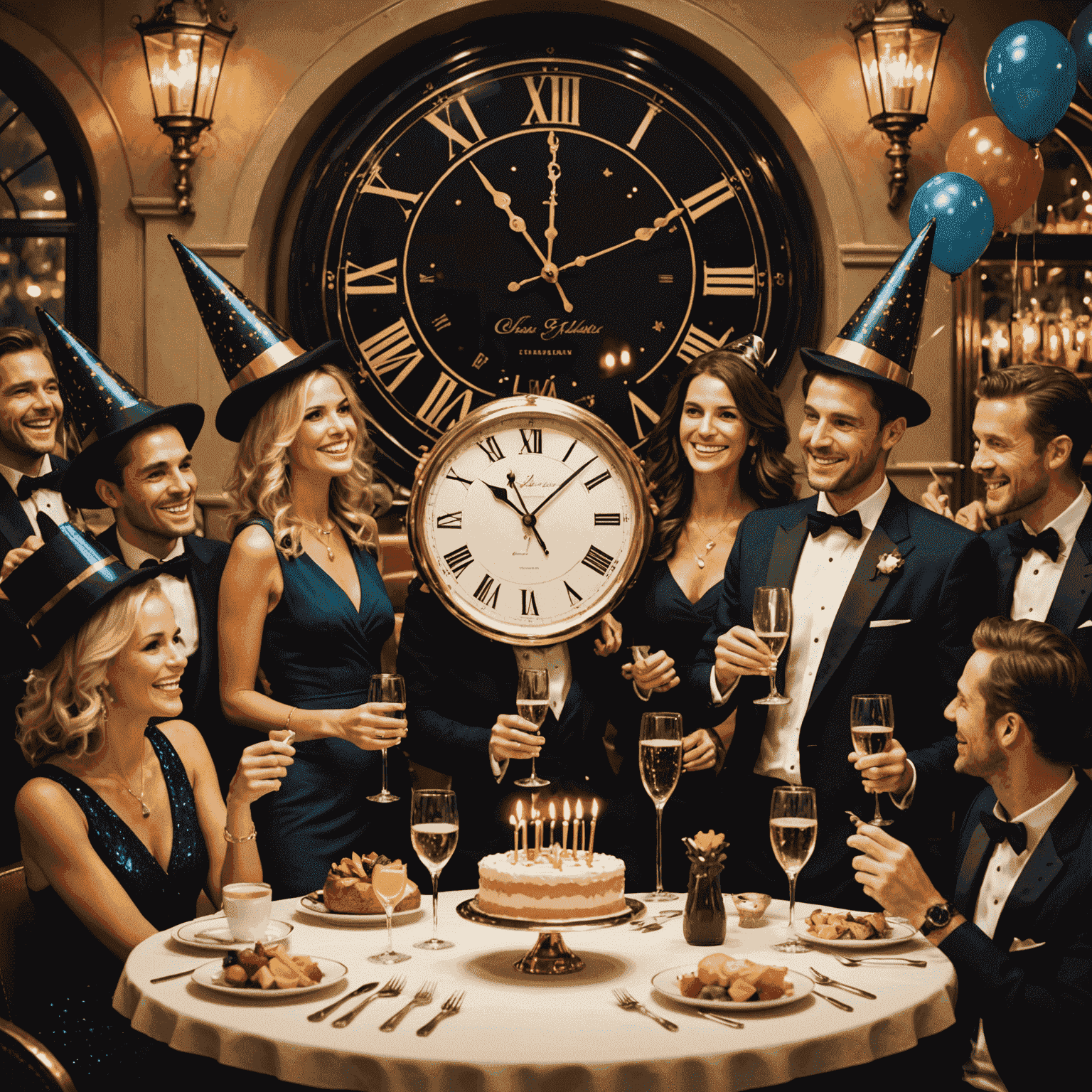 A glamorous cafe setting with champagne flutes, party hats, and a large clock showing midnight, surrounded by happy people celebrating